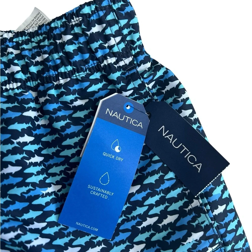 NWT Nautica Men’s Swim Trunks XL Blue Shark Print Quick Dry‎ Sustainable